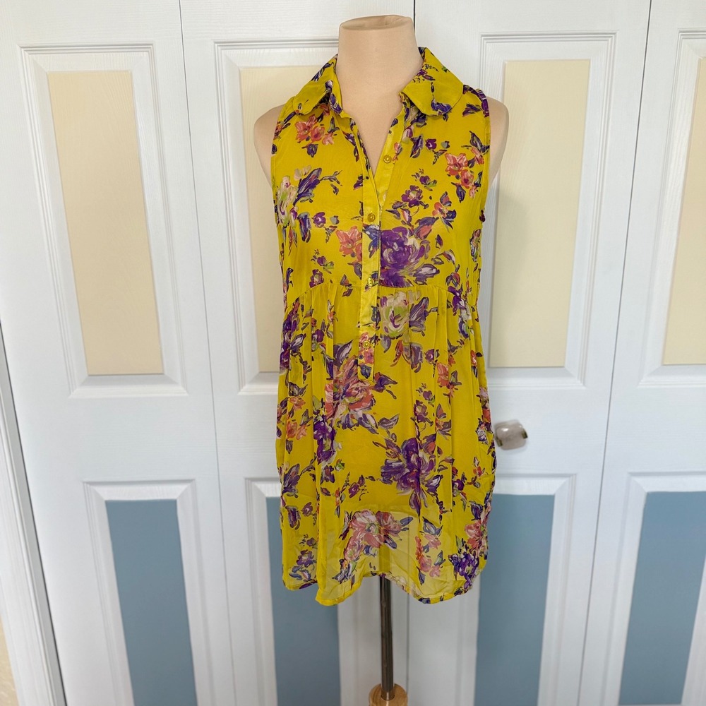 Love Squared Womens Yellow Floral Sleeveless High Low Tunic Top LS001409A XS